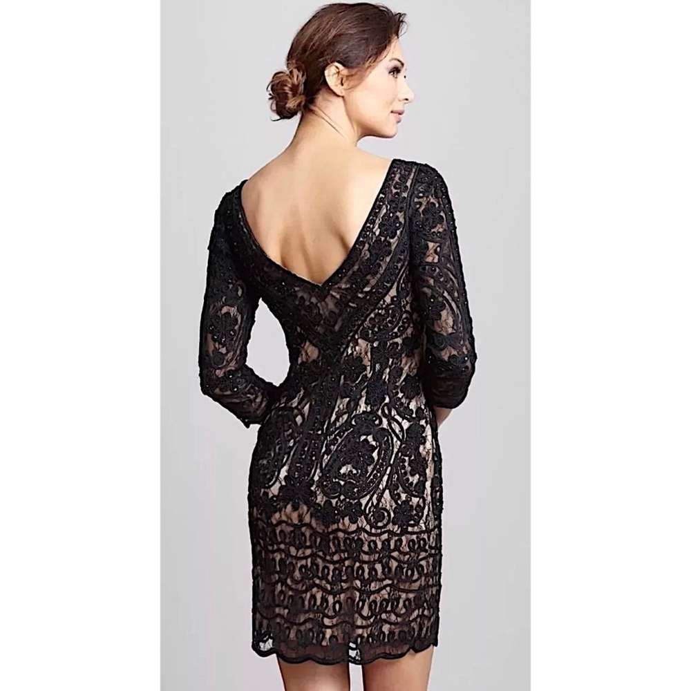 SUE WONG 0 Black Nude Beige 3/4 sleeve Embroidered Beaded Cocktail fitted dress